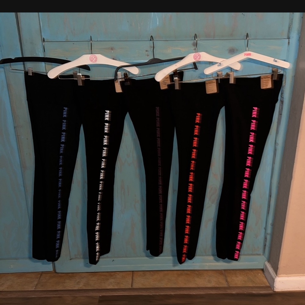 PINK Victoria's Secret Black and Pink Leggings with Textured Stripes